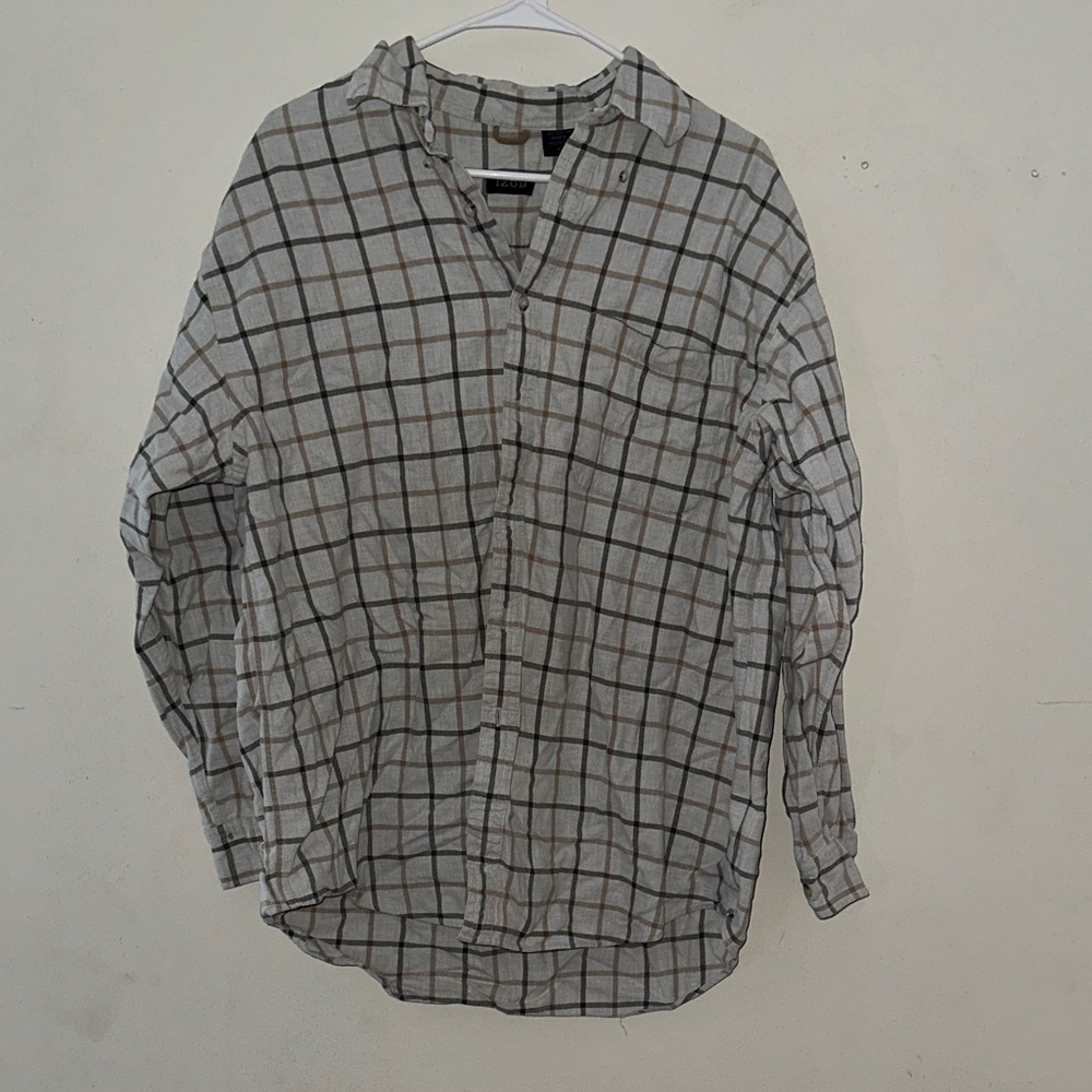 Izod Gray and Brown Plaid Casual Button Down Shirt